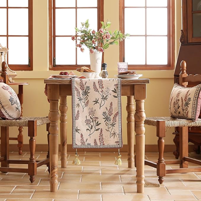 Designer Light Beige Linen Table Runner 87 Inches Long,Vintage Floral Wrinkle Resistant Decor Table Runners for Dining Tables,Christmas,Thanksgiving,Kitchen Tables,12"*87"-Helena A