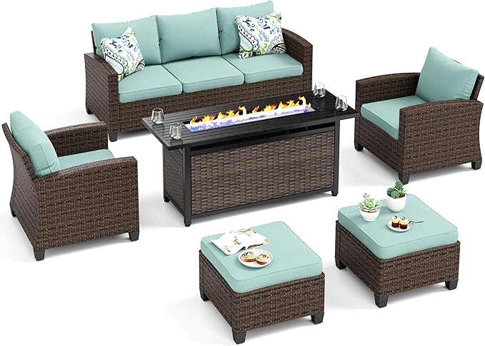 Patio Furniture Set, 6 Pcs Wicker Rattan Outdoor Conversation Set, 2 x Leg Chairs, 1 x 3 Seater Sofa and 2 x Ottoman with 4" Thick Cushion and 56" Fire Pit Table, Blue