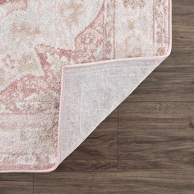 Blush & Light Pink Collection Kandos Bohemian Oriental Medallion Area Rug - Traditional Floral Carpet for Living Room, Bedroom - Blush, Dusty Pink, Cream - 5'3" Square
