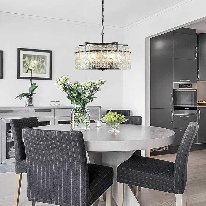 Modern Chandeliers for Dining Room,20" Black Luxury Water Ripple Glass Bedroom Light Fixture,5-Light Glass Pendant Lights Kitchen Island for Living Room,Foyer