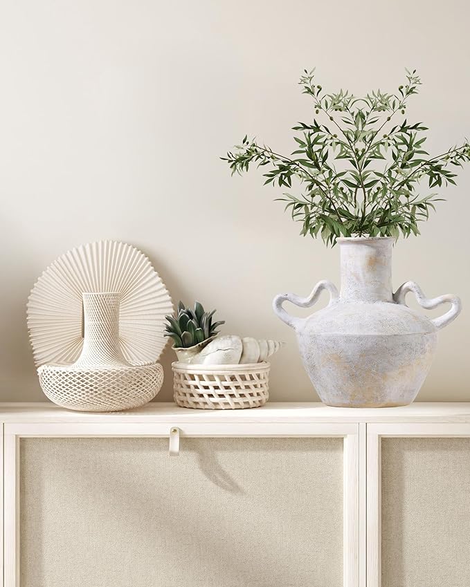 UPWOIGH 9.3x10.6 in Tall Vintage Handles Ceramic Vase, Antique White Pottery Vase Living Room Table Decor, Beige Speckles Distressed Black Markings Rustic Farmhouse Bedroom Decor, 1Pack Gift