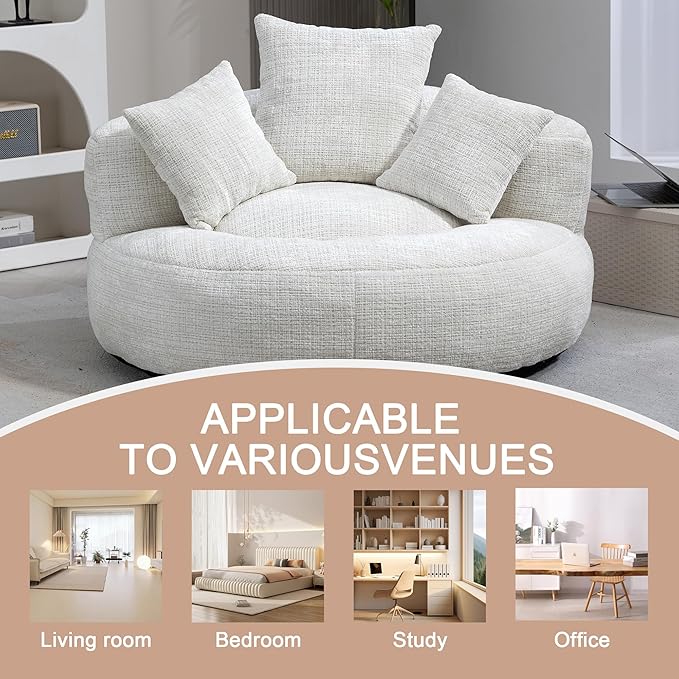 42'' Oversized Round Chair, Single Lounge Chaise Upholstered Sofa Bed with Deep Seat, Chenille Bean Bag Chiar with Pillows for Living Room, Bedroom, Apartment, Reading, No Assembly (Beige)