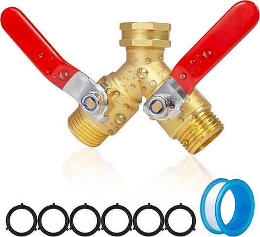 Hose Splitter 2 Way Heavy Duty, Upgrade Full Flow Brass Garden Hose Splitter Connector, Outdoor Water Spigot Splitter with Long Handle, Y Valve 3/4 Inch GHT Thread