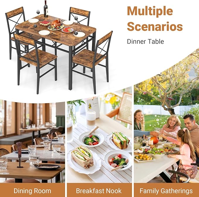 Dining Table Set for 4, 5-Piece Dining Table Set, Kitchen Table Chairs Set of 4, Rectangular Kitchen Table Set with 4 Curved Backrest Chairs, for Small Spaces & Apartment-Brown