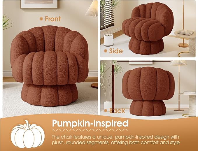 Mid Century Modern 360 Degree Barrel Swivel Accent Vanity Chair,Fluffy Sherpa Fabric Lounge Wide Upholstered Pumpkin Reading Chair, Round Cloud Armchair for Living Room,Bedroom,Vanity(Burnt Orange)