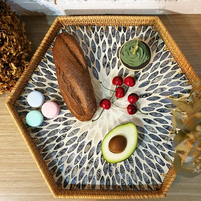 i-LAN 17”Extra Large Hexagonal Rattan and MOP Woven Basket Tray, Boho Wicker Coffee Table Serving Basket Décor with 2 Inch Wall, Handmade Hexangular Display Basket for Countertop