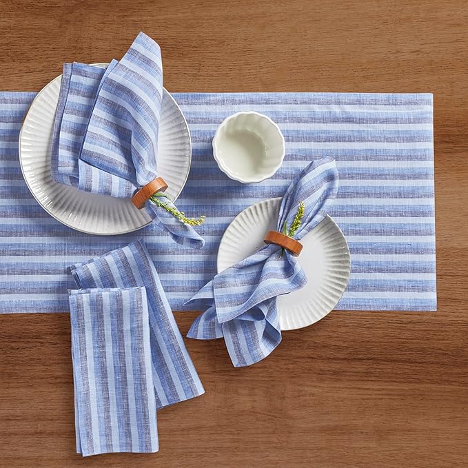 Solino Home Linen Napkins Set of 4-100% Pure Linen Amalfi Stripe Bistro Blue Cloth Dinner Napkins 20 x 20 Inch - Handcrafted and Machine Washable