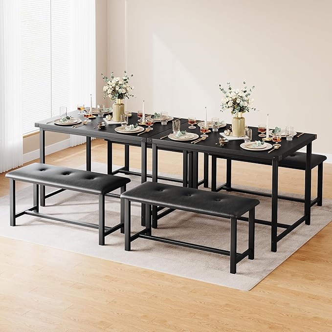 GarveeHome Dining Table Set for 4, Kitchen Table with 2 Upholstered Benches, Wood Kitchen Dining Room Set, for Small Space, Apartment, Home, Dinner, Retro Black