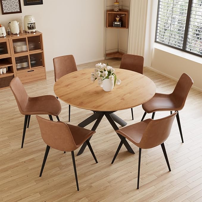 43.2"-59.1" Extendable Round Dining Table Set, Mid Century Wooden Round Kitchen Table, Oak Coffee Table for 4-6 Person,PU Leather Chair