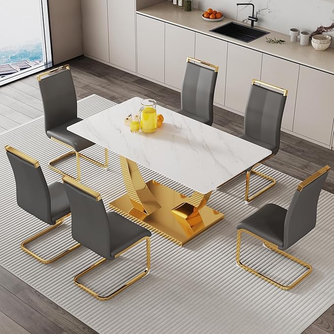 63” Dining Room Table Set for 6,Modern Gold Dining Table Set for 6, Rectangle Kitchen Table Set with Leather Chairs,White Faux Marble Dinner Table Set with Tempered Glass Top and Golden Base