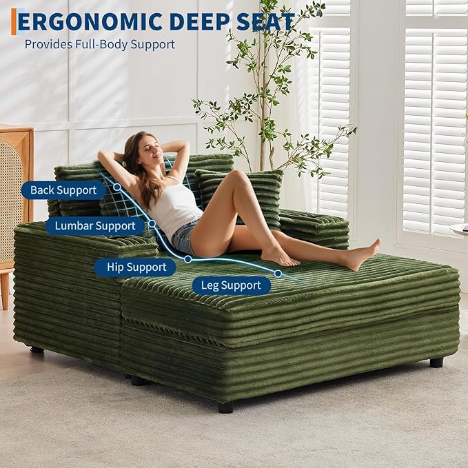 GarveeHome Oversized Chaise Lounge Chair Indoor, 56x60 Inch Comfortable Corduroy Lounge Sofa with Charging Ports & Cup Holders, Cozy Reading Couch for Bedroom Living Room Apartment, Green