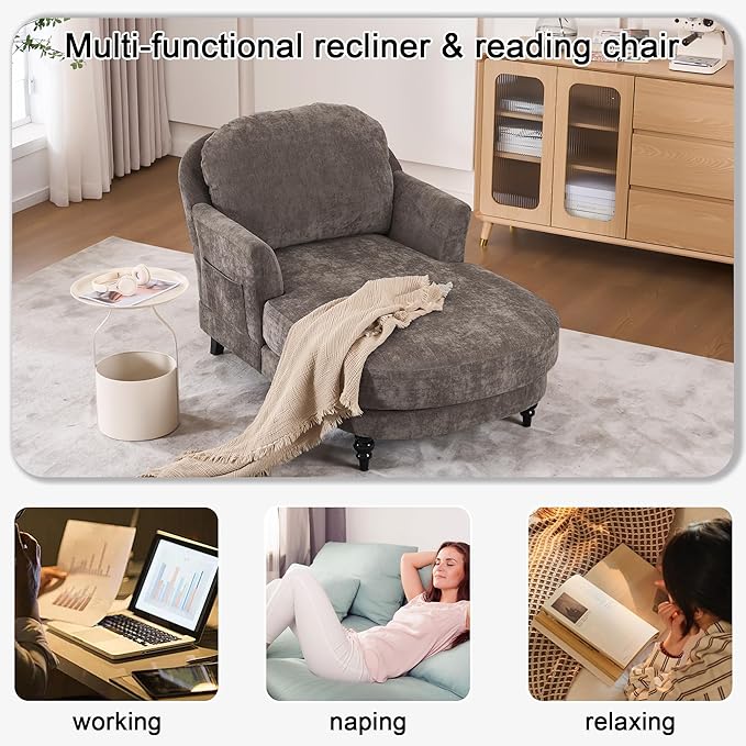 Chaise Lounge Chair Indoor with Pillows - Linen Fabric Comfy Reading Chair Bed, Upholstered Modern Small Couch Sofa Bed for Living Room, Bedroom & Apartment (Brown)