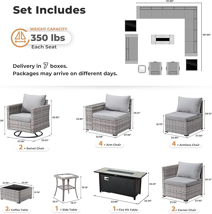 ovios 16 Pieces Patio Furniture Set, Outdoor Wicker Sectional Sofa with 54" Fire Pit Table Swivel Chairs, Modern Modular Deep Seat Rattan Couch Conversation Sets, Dark Grey