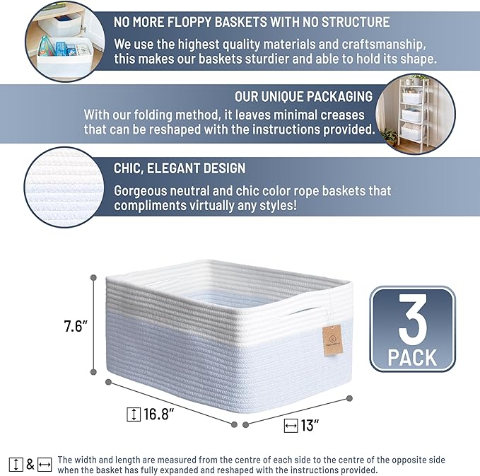 NaturalCozy Storage Baskets 16.8”x13”x7.6” Cotton Rope Woven Baskets for Organizing 3-Pack | Toy Storage Bins | Basket for Shelves, Laundry, Blanket, Clothes, Closet, Kitchen, Bathroom, Gifts