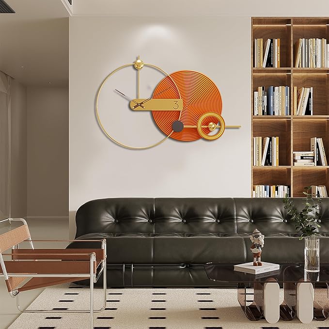 Wall Clock Large 39 Inch - Modern Orange Nordic Style, Battery Operated Silent Metal Decorative Clock for Living Room Bedroom Office House
