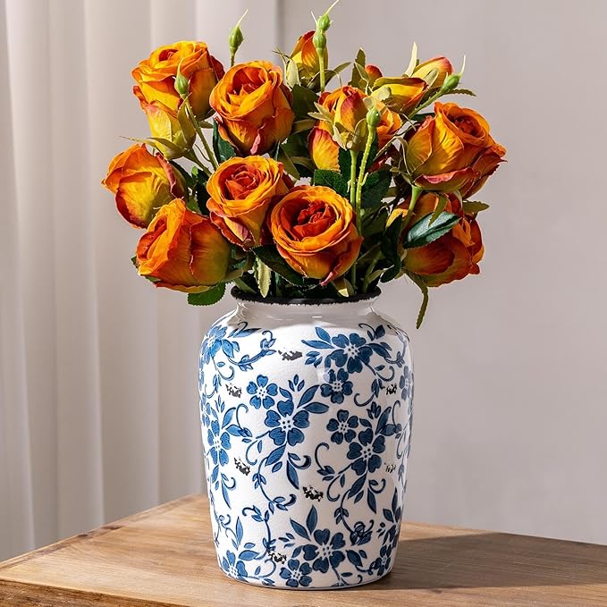 Blue and White Vintage Vase, Ceramic Chinoiserie Floral Vases, Retro Ice Cracked Round Farmhouse Rustic Large Flower Vases for Home Decor Centerpieces, Living Room, Bookshelf, Office 7.8 Inch