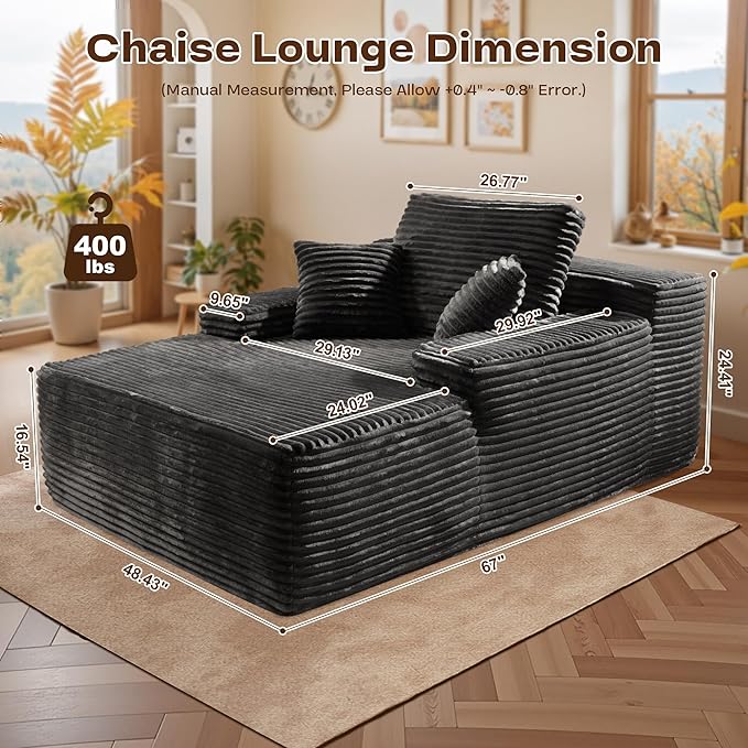 Chaise Lounge Chair Indoor, Oversized Sleeping Couch 67" L * 48.5" W Assembly Free Modern Minimalist Sofa, Extra Deep Large Single Seat Sofa for Living Room (Grey Plush Fabric)