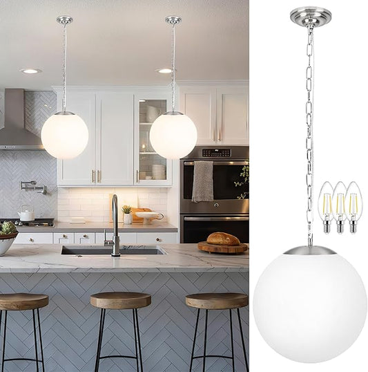 KoKo&Yukina 13.7 Inch Nickel Globe Pendant Light Adjustable Globe Pendant Lights Kitchen Island Mid Century Light Fixture with Milky White Glass Shade for Living Room