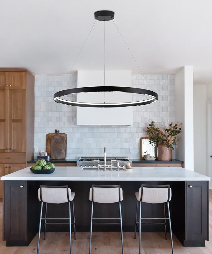 Led Ring Chandelier,Ring Light Chandelier Modern Pendant Light,1 Circular Chandelier Dimmable Hanging Led Pendant Lighting for Living,Dining Room Kitchen Island 23.6" 3000-6000K Black
