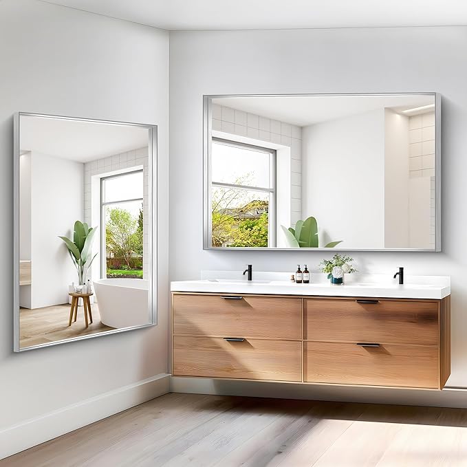 Silver Bathroom Mirror, 60x40 Inch Rectangular Framed Mirror, Large Wall Mounted Bathroom Vanity Mirror Over Sink for Bedroom,Restroom, Living Room, Hangs Vertically or Horizontally