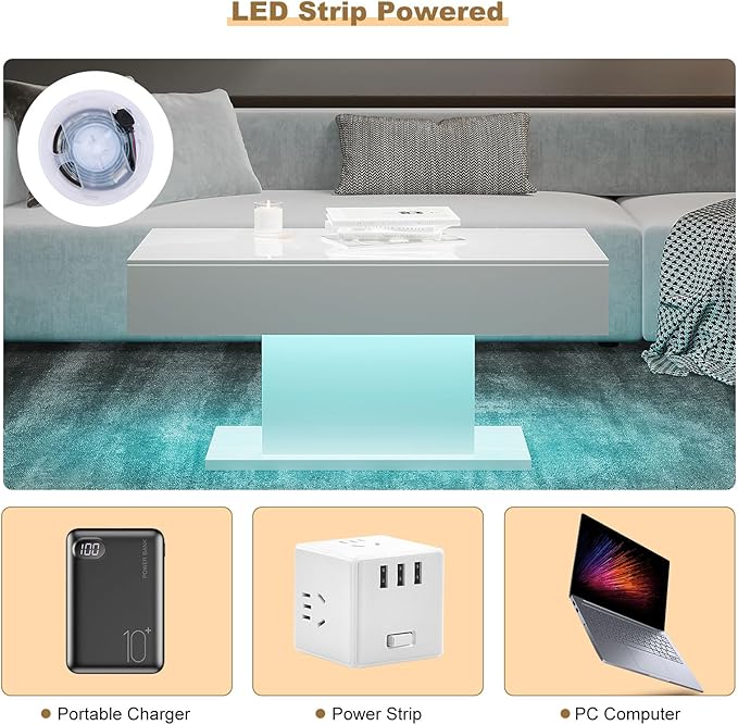 Led Coffee Table for Living Room, Living Room Table Rectangular Center Table, Modern High Glossy Wooden Coffee Tables with 16 Colors LED Lights for Dining Reception Room, White