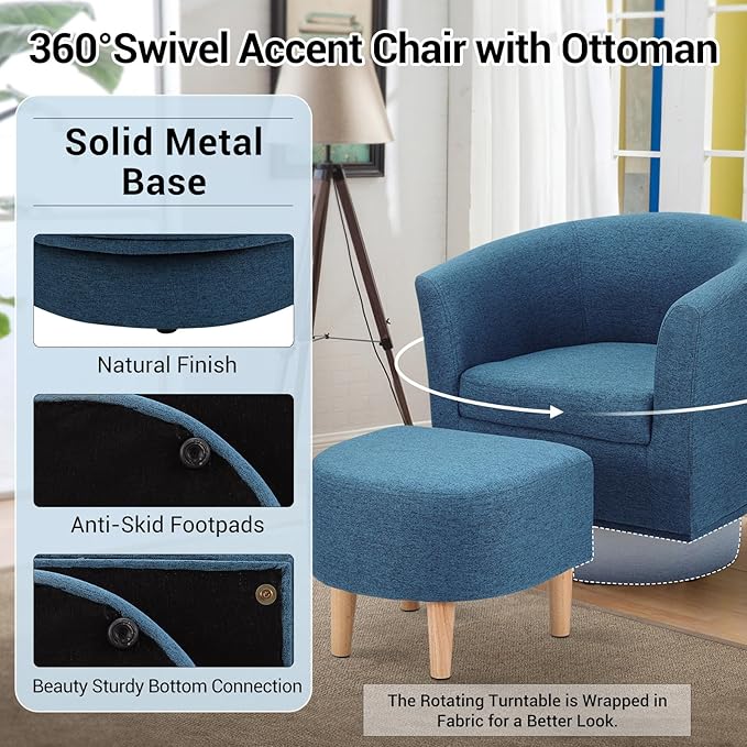 DAZONE Swivel Accent Chair, Modern Barrel Chair with Ottoman, Comfy Swivel Armchair Living Room Chairs 360 Degree Upholstered Round Club Tub Chairs for Bedroom Reading Room, Blue