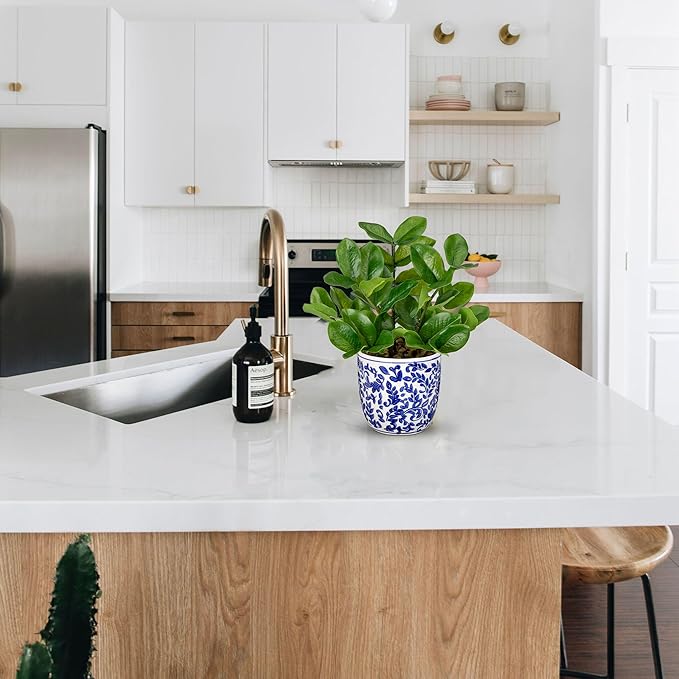 Briful Faux Plants Indoor 11.8in Fake ZZ Silk Plant in Blue and White Ceramic Pot Realistic Artificial Tropical Plant for Home Office Room Kitchen Shelf Decor