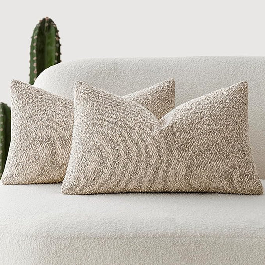 Foindtower Pack of 2 Textured Boucle Throw Pillow Covers Accent Solid Lumbar Pillow Cases Cozy Soft Decorative Couch Cushion Case for Chair Sofa Bedroom Living Room Home Decor, 12 x 20 Inch,Oatmeal