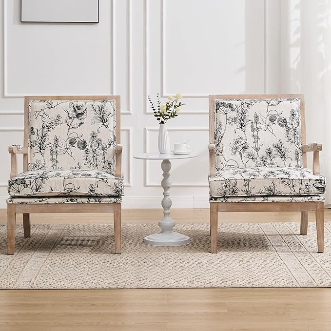 Floral Accent Chair Set of 2 Mid-Century Modern Living Room Chairs Upholstered Linen Lounge Armchair with Solid Wood Frame & Removable Cushion for Bedroom, Balcony, Floral Pattern