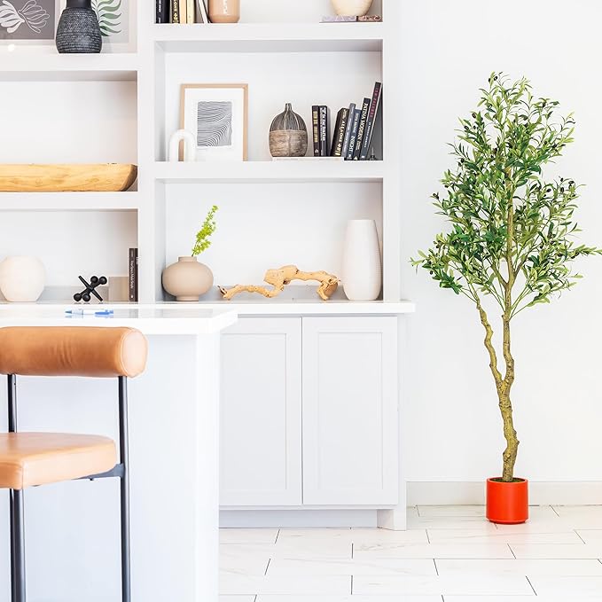 Artificial Plants Indoor & Outdoor | 6FT Olive Tree with Terracotta Pot, Adjustable Branches, Vivid Fruit and Natural Leaves | Realistic Fake Greenery for Living Room, Bedroom, and Office Decor