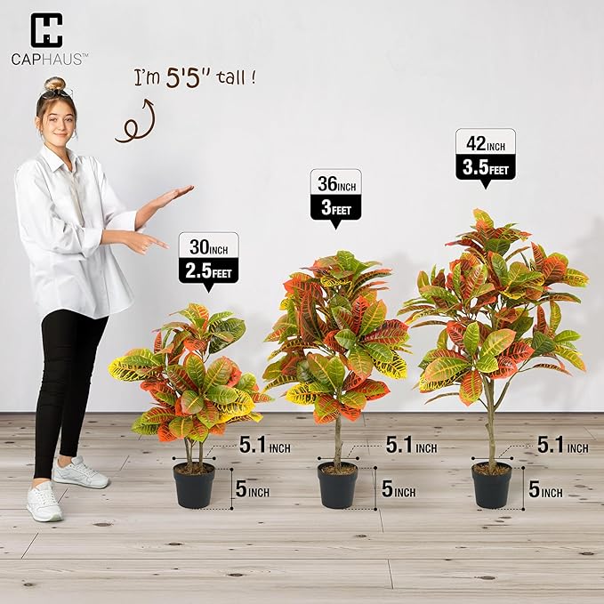 CAPHAUS 30 Inch Artificial Croton Tree Potted Plant - Realistic Faux Tropical Plant with UV Resistance, Low Maintenance Indoor Outdoor Decor for Front Porch, Patio, Houseplant