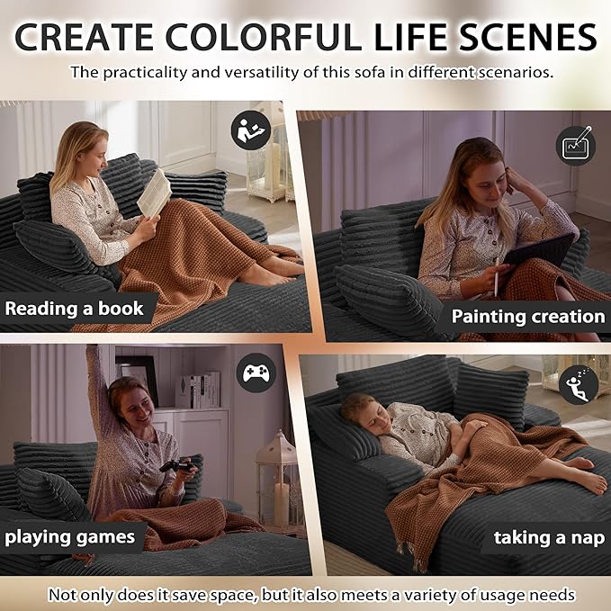 Boneless Couch Sofa Chiar Chaise Lounge Chair Indoor Upholstered Corduroy Couch Cloud Sleeper Sofa Oversized Reading Chair for Living Room No Assembly Required (Dark Grey, 50" W x 80" D)