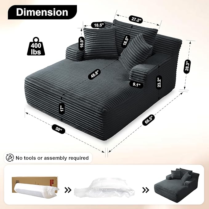 Boneless Couch Sofa Chiar Chaise Lounge Chair Indoor Upholstered Corduroy Couch Cloud Sleeper Sofa Oversized Reading Chair for Living Room No Assembly Required (Dark Grey, 50" W x 67" D)