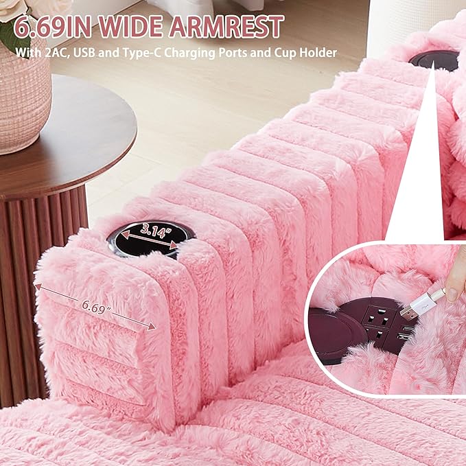 RARZOE 64'' Oversized Chaise Lounge Chair Indoor, Plush Faux Rabbit Fur Sleeper Sofa Bed with 4 Pillows, Charging Station & Cup Holders, Fluffy Comfy Cloud Couch Loveseat Sofa for Living Room,Pink