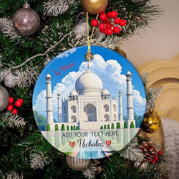 Personalized Text/Name India Taj Mahal Agra Ornament Christmas 2025, India Travel Souvenir Ceramic Ornament Xmas Tree Hanging, Custom Taj Mahal Vacation Trip Xmas Keepsake Ornaments Gift for Friends