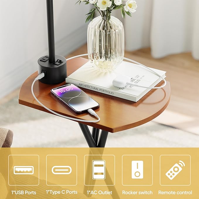 ROTTOGOON Floor Lamp with Table, End Table Lamp with Remote Control and Charging Station(USB A & Type-C & AC Port), 4 Color Temperatures, Floor Lamps for Living Room, Bedroom and Home Office,Black