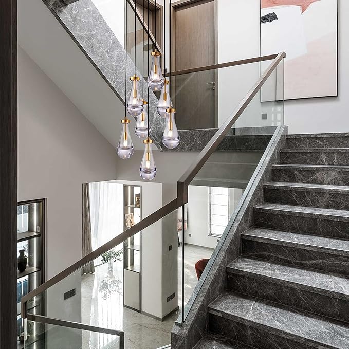Brass Raindrop 7 Light Dining Room Pendant Light, Large Chandelier Adjustable Hanging Line, Living Room Pendant Light, Foyer Chandelier, Stairwell Pendant Lights, Bedroom