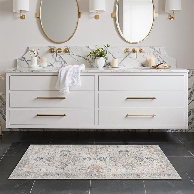 GENIMO Runner Rug 2x5 Non Slip Machine Washable Vintage Hallway Runner Rug, Low Pile Lightweight Rugs for Entryway, Hallway, Kitchen and Corridor, Light Taupe Brown