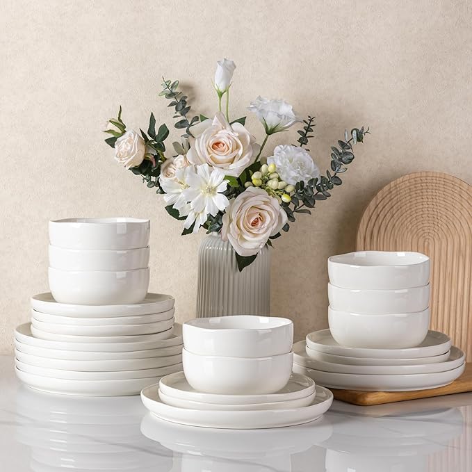 LERATIO Ceramic Dinnerware Sets for 8,Handcraft Wavy Rim Stoneware Plates and Bowls Sets,Highly Chip and Crack Resistant | Dishwasher & Microwave & Oven Safe Dishes set,Service for 8(24pc)-Pearl White