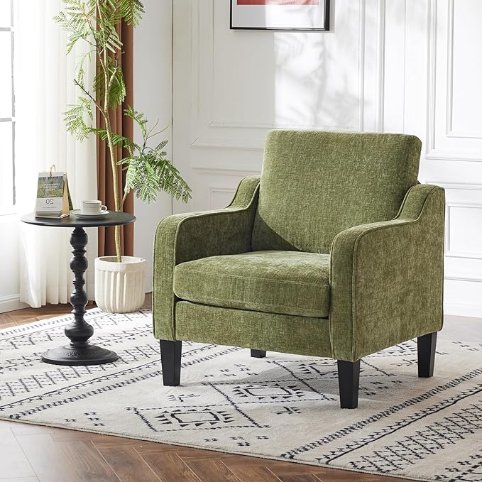 VINGLI Accent Chairs Set of 2 Living Room Chairs Olive Green Reading Chair for Bedroom Scooped Arm Chair Mid Century Modern Accent Chairs Upholstered Comfy Chair for Apartment, Waiting Room