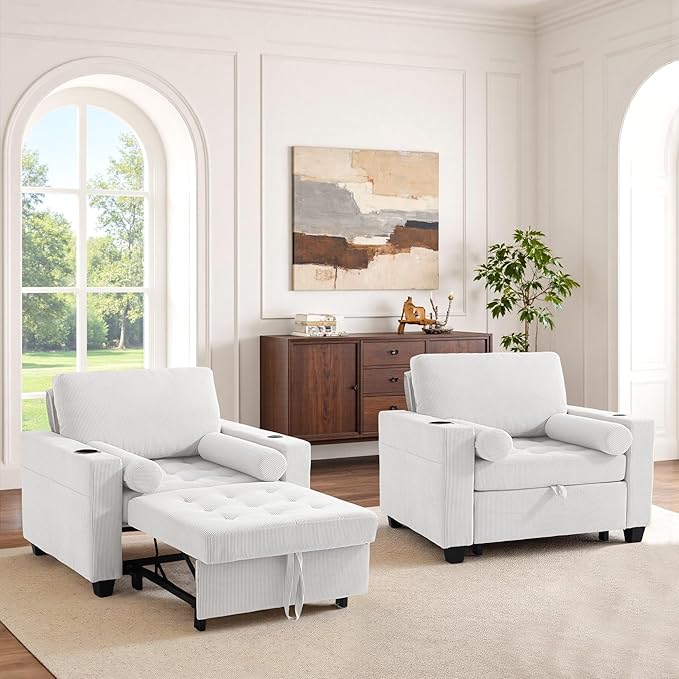 UIXE 3-in-1 Sleeper Sofa Chairs Set of 2, Pull Out Sofa Bed Convertible Reclining Seat Upholstered Armchair, Adjustable Backrest Recliner Chair with Side Pockets, Cup Holder & USB Ports - Beige White