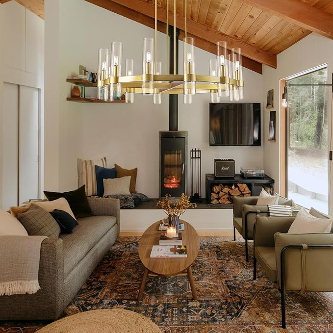 Knurldon12 Light Brass Round Chandelier 36" Wagon Wheel Chandeliers for Dining Room Light Fixture Clear Glass Tube Chandelier Modern Farmhouse Chandeliers for LivingRoom Foyer, Bulb Included