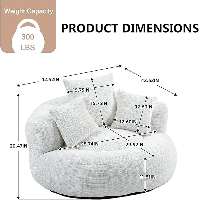 42'' Oversized Round Chair, Single Lounge Chaise Upholstered Sofa Bed with Deep Seat, Chenille Bean Bag Chiar with Pillows for Living Room, Bedroom, Apartment, Reading, No Assembly (Beige)