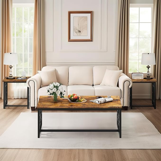 Recaceik Rectangle Coffee Table and End Table Set of 3, Modern Vintage Dark Brown Coffee Table and Side Table for Living Room, Office, Apartment, Small Space