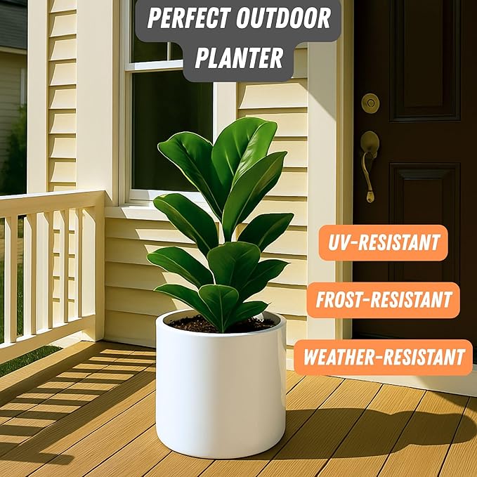 Fox & Fern 10 Inch Plant Pot with Drainage Plug — Premium Lightweight Fiberstone Glossy White Planter; Indoor & Outdoor Planter; 10 Inch Pots for Plants; Weather Resistant & UV Resistant