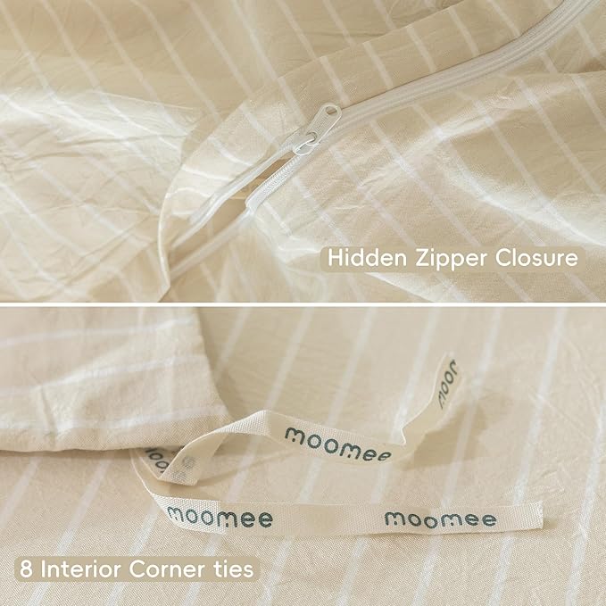 MooMee Striped Duvet Cover Set 100% Washed Cotton Linen Like Textured Breathable Durable Soft Comfy (Almond Milk Grey White Wide Stripes, Full 80"x90")