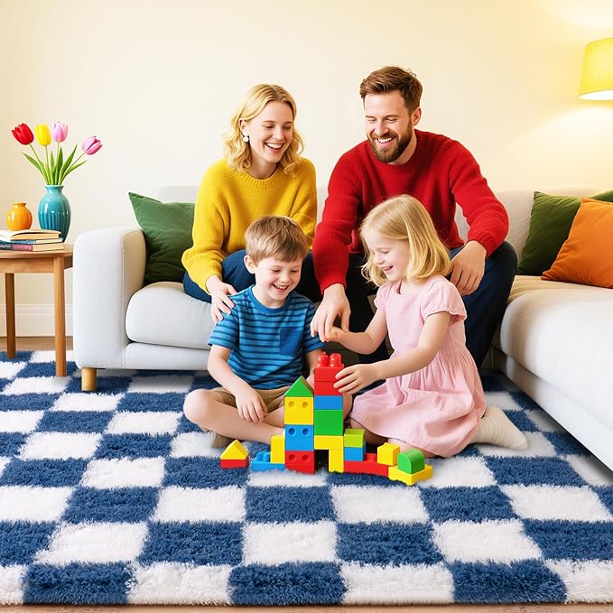 Checkered Rugs for Bedroom, 4x6 Navy and White Ultra Fluffy Fuzzy Shag Area Rug for Living Room, Modern Plush Soft Upgrade Non-Slip Carpet for Kids Girls and Boys Room Dorm Nursery Home Decor