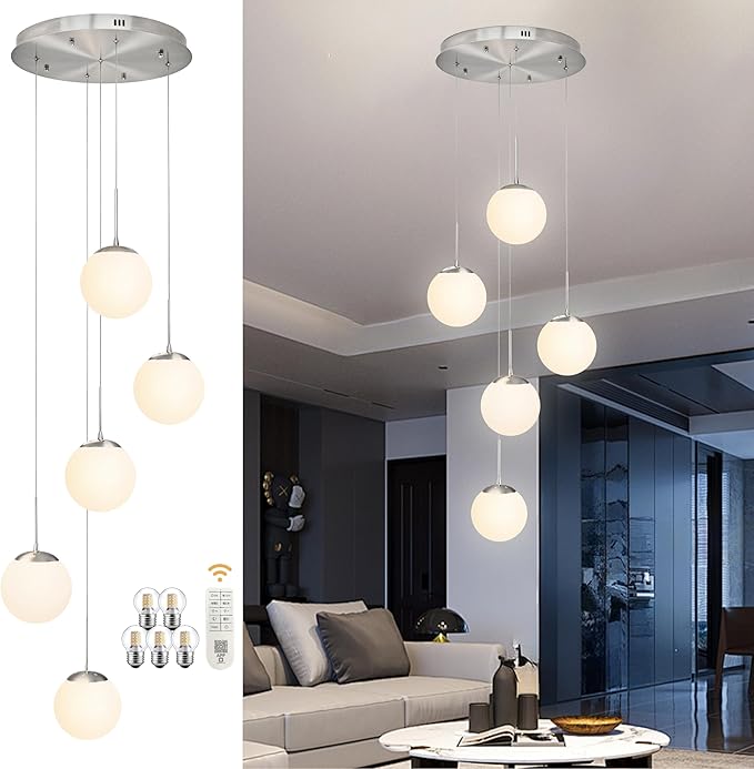 KoKo&Yukina 5-Light Globe Glass Pendant Light Adjustable Length Pendant Lights Fixtures Modern Nickel Chandelier with Milky White Glass Ceiling Lights for Foyer Hallway Bedroom (Bulb & Remote Incl.)
