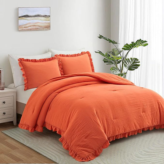 Bonlino Bedding Comforter Set Queen - 3 Pieces Farmhouse Comforter Ruffle Boho Bed Comforter, Fluffy Soft Lightweight Bedding Chic Rustic Country Style for Home Bedroom Dorm (Queen, Orange)
