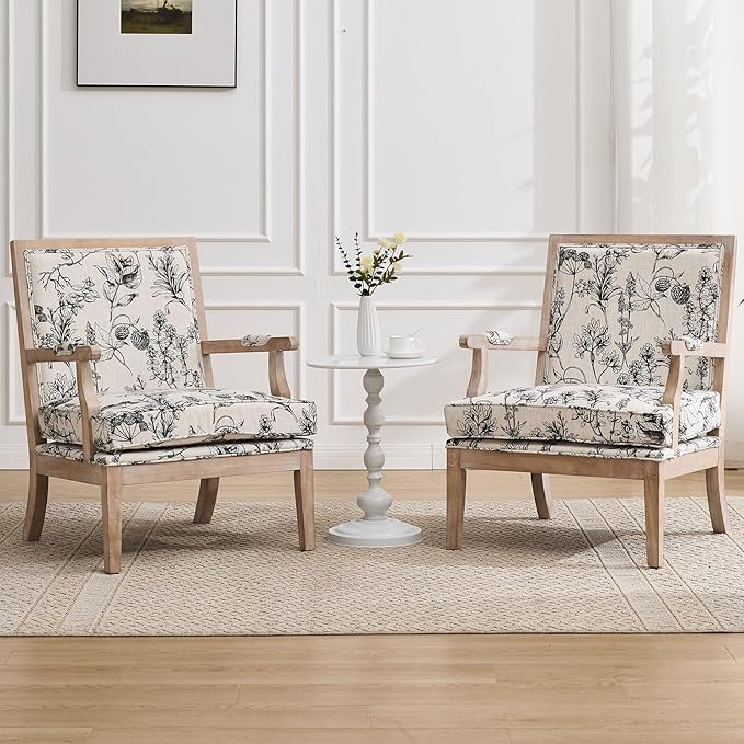 Floral Accent Chair Set of 2 Mid-Century Modern Living Room Chairs Upholstered Linen Lounge Armchair with Solid Wood Frame & Removable Cushion for Bedroom, Balcony, Floral Pattern